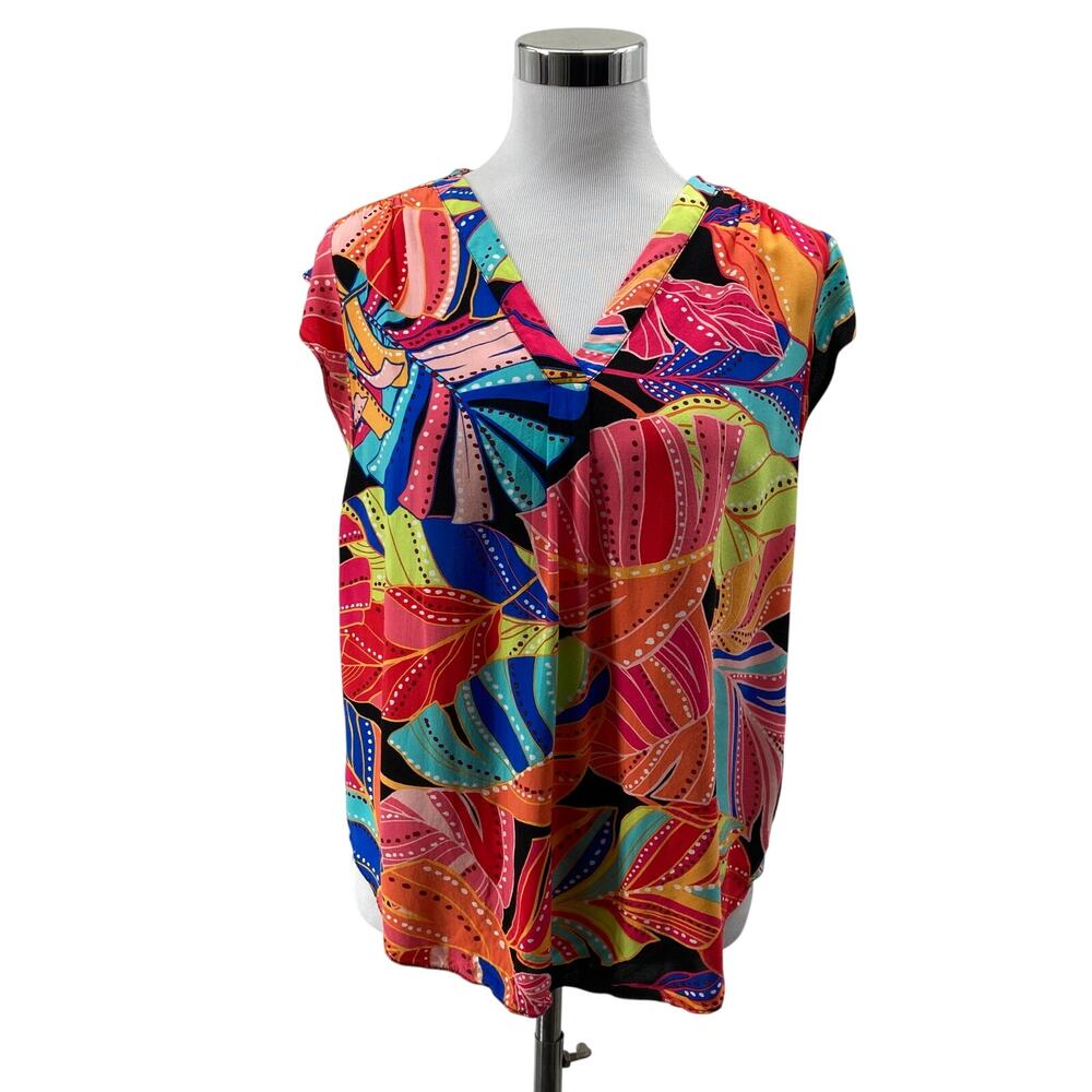 Vince Camuto Women's S Multicolor Floral V Neck Cap Sleeve Rayon Blouse Boho